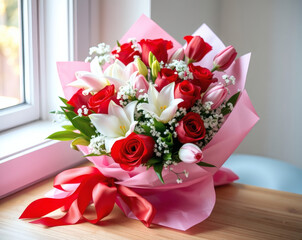 Beautiful bouquet of red roses and pink tulips arranged with delicate lilies in a bright indoor setting
