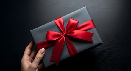 Woman Holding Beautiful Gift Wrapped with Red Ribbon on Black Background