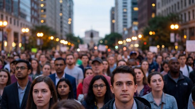 Crowd gathers in city center for evening protest against social issues and injustice in the community