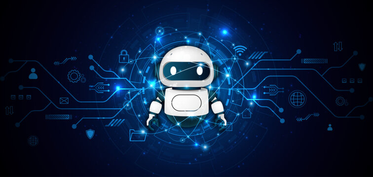 Artificial intelligence robot. Modern technology. Intelligent assistant robot of the future world. Chatbot mascot on a blue background.