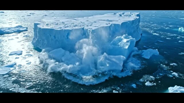 Massive Iceberg Floating in Arctic Ocean with Dramatic Blue Tones and Sunlight