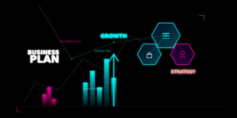 Fototapeta premium Modern neon business strategy dashboard featuring glowing charts, growth graphics, and technological data visualization elements in a futuristic cyberpunk style.