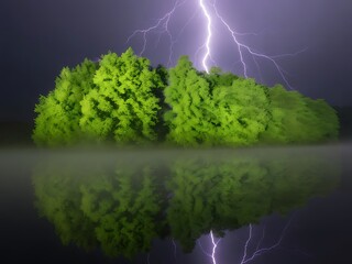 Vibrant green trees stand reflected in dark water below a dramatic nighttime sky illuminated by a powerful vertical lightning strike.