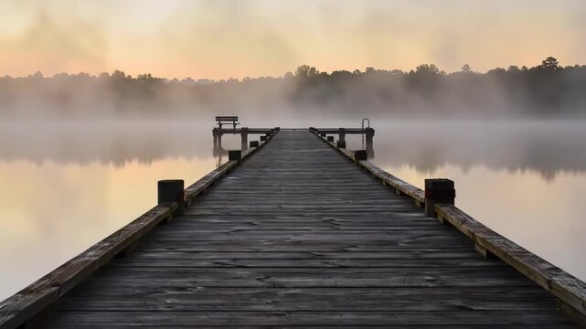 Wooden pier stretches into a calm lake with a misty, serene atmosphere at sunrise.