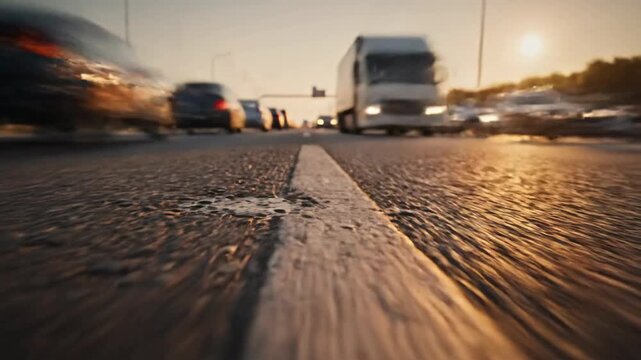 Low angle shot of a highway at dusk with blurry cars and a center divider