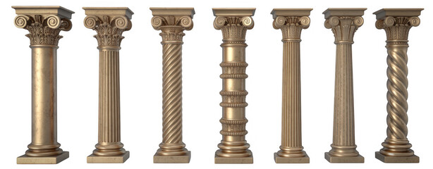 Fototapeta premium Seven Different Gold Ancient Style Columns architecture isolated on a transparent background