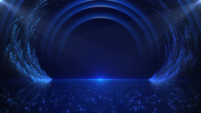 Elegant dark stage background with blue glitter, spotlight beams, and abstract curved arches. Perfect for awards, ceremonies, product showcases, or luxury-themed presentations.