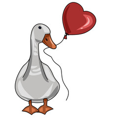 Cute goose holding a heart-shaped balloon, romantic Valentine&rsquo;s Day clipart isolated on white background. Adorable flat vector animal illustration for cards, stickers, posters and love designs