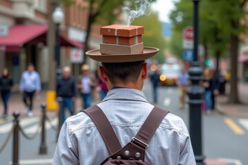 A man walks in a bustling street, sporting a unique hat with a chimney and smoke, capturing attention in a lively urban environment.
