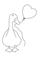 Minimal line art illustration of a goose holding a heart balloon. Simple romantic outline drawing isolated on white background, perfect for Valentine&rsquo;s Day designs, coloring pages and print projects.