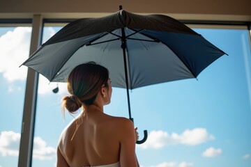 A woman stands with her back to the viewer, holding a black umbrella, gazing out at a bright sky with clouds.