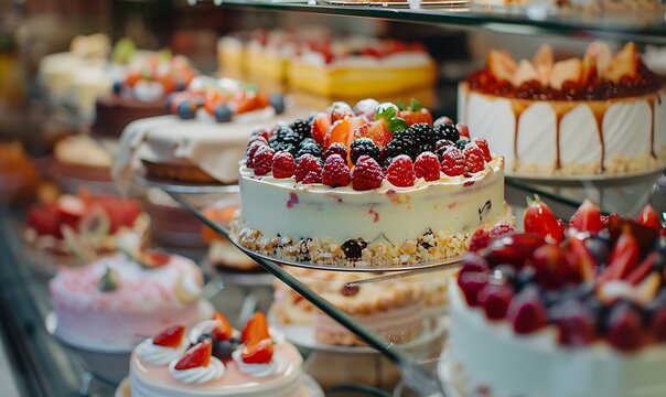 Elegant bakery glass display showcasing an assortment of cheesecakes, tiramisu, and fresh fruit cakes