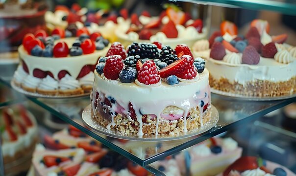 Close-up of a beautifully arranged cake display in a glass rack featuring cheesecakes, tiramisu, and fruit-topped cakes