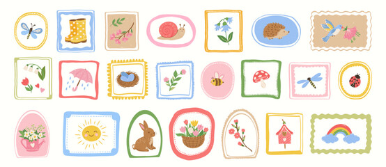 Collection of hand drawn spring summer stickers and decorative frames. Flowers, rabbit, snail, dragonfly, heart, butterfly, birds, sun, birdhouse. © Olgadesigner