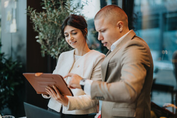 Two young professionals review a tablet during a collaborative discussion. They stand in a modern office, planning and sharing ideas.