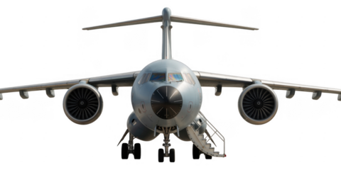 Front view of airplane with stairs aircraft isolated on a transparent background