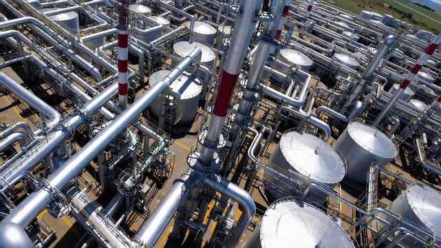 Aerial view of industrial refinery with complex piping and storage tanks