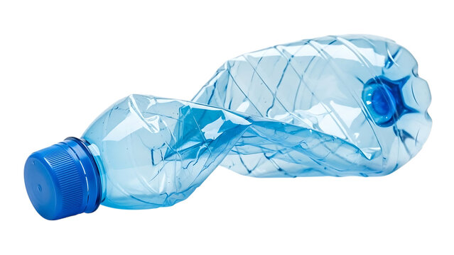 Crumpled blue plastic water bottle isolated on a transparent background