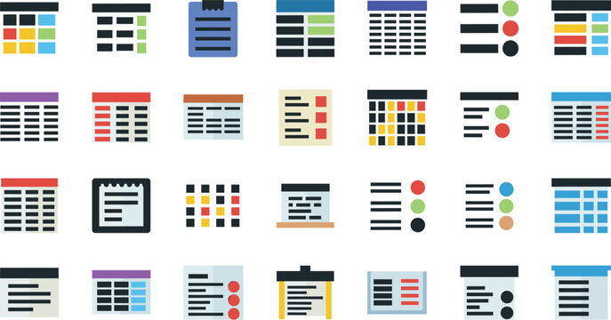 Business data table icon set with colorful spreadsheets document lists organizational charts and digital management planning symbols