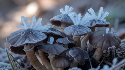 A cluster of small wild mushrooms displays delicate hoarfrost crystals growing from the caps in a damp forest setting.