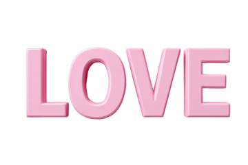 LOVE word in pink 3D letters with rounded edges, soft glossy highlights, subtle depth shadow beneath, and clean smooth surfaces in a bold centered typographic form isolated on transparent background.