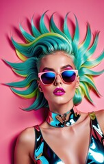 woman with colorful hair and sunglasses gazing at camera, concept of fashion, beauty, banner