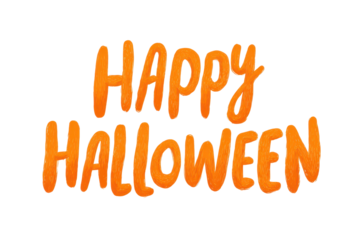 Happy Halloween text in playful orange lettering with clean festive typography, subtle depth shading, smooth curves, and crisp edges forming a bold seasonal phrase isolated on transparent background.