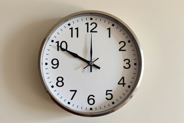 A simple wall clock displaying the time with black hands and numbers on a white background, minimalistic in design.