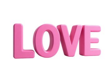 LOVE word in pink 3D letters with rounded edges, soft glossy highlights, subtle depth shadow beneath, and clean smooth surfaces in a bold centered typographic form isolated on transparent background.