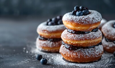 Gourmet filled donuts with chocolate cream and blueberry jam on a modern dark gray background