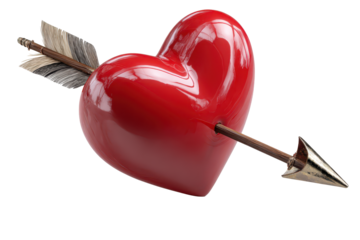 Smooth glossy red heart pierced diagonally by a wooden arrow with metal tip and feather fletching, strong specular highlights, realistic reflections, and clean pass through detail isolated on transpar