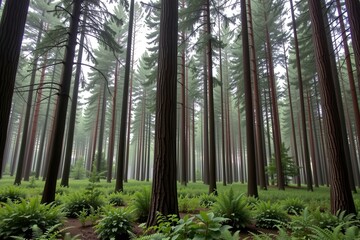 A serene forest scene showcasing tall trees surrounded by lush greenery and mist, creating a tranquil and mystical atmosphere.
