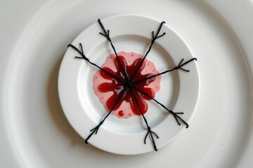 A creative dessert presentation featuring a jelly-like red center, artistically arranged with twig-like elements on a white plate.