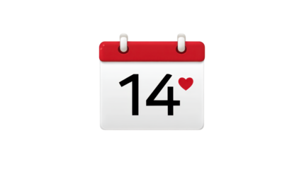Single calendar page icon showing number 14 with a small heart, white sheet with red header tabs, crisp typography, minimal soft shadowing, and clean edges isolated on transparent background.