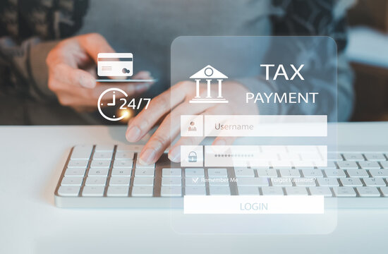 Online tax payment concept with secure login interface, credit card, and keyboard. 24 hour 7 day digital service for remote tax filing, finance management, and electronic government transactions