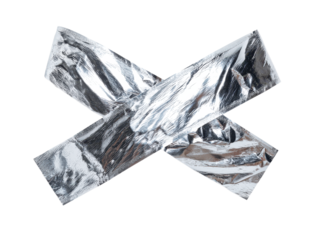 Metallic silver duct tape patch made of two overlapping strips with crinkled reflective surface, sharp cut edges, and realistic creases with glossy highlights isolated on transparent background.