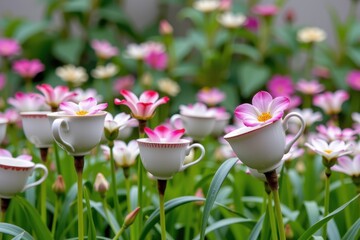 A whimsical scene featuring flowers blooming from teacups, creating a unique and charming garden display.