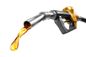 Fuel pump nozzle angled downward with metallic spout, black handle and trigger, and a flowing stream of golden gasoline with realistic reflections and smooth liquid highlights isolated on transparent 