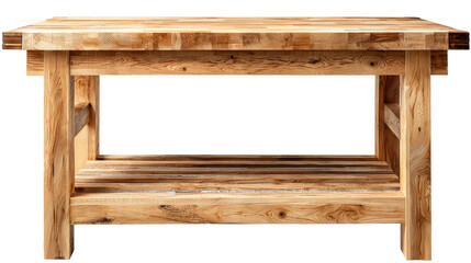Naklejka premium Wooden workbench with thick tabletop, sturdy legs, and lower storage shelf, natural wood grain with realistic wear marks and clean solid proportions isolated on transparent background.