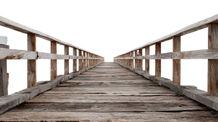 Fototapeta premium Wooden boardwalk bridge with railings and weathered planks, strong leading lines creating deep perspective, visible grain texture, and realistic light shadow details isolated on transparent background