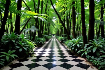 A serene pathway lined with lush greenery and a striking black-and-white checkered floor, creating a harmonious balance between nature and design.