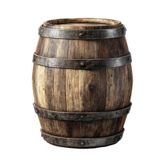 Fototapeta premium Wooden barrel with dark metal hoops, visible staves, pronounced grain texture, cylindrical body with rim details and realistic shadowing isolated on transparent background.