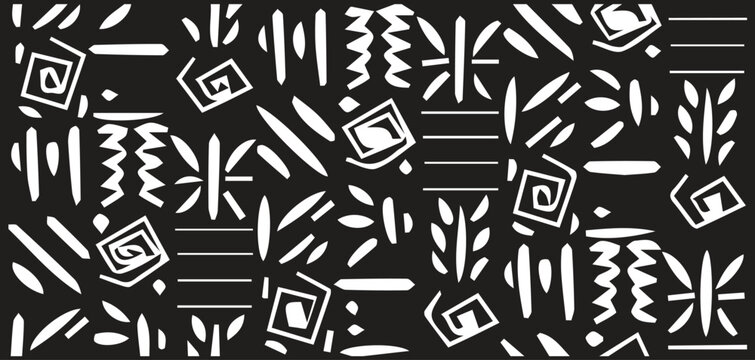 Abstract tribal pattern design featuring diverse white geometric and organic shapes on a black background