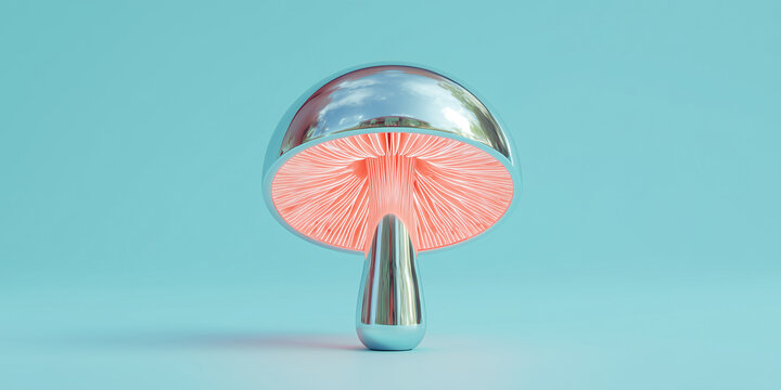 metallic chrome mushroom with internal glowing neon pink gills centered on a solid pastel aqua background.
