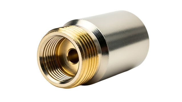 Shiny silver metal pipe fitting with gold threaded interior isolated on a transparent background