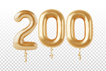 Vector golden balloon number 200 isolated on the transparent background.