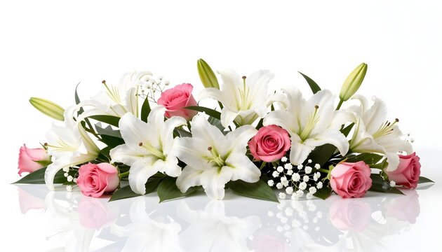Elegant arrangement of white lilies and pink roses with delicate baby's breath on white