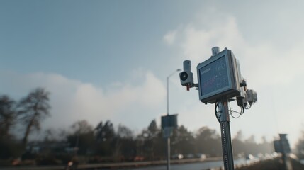 Medium shot of AIdriven environmental sensors detecting pollution levels with realtime data display outdoors under clear skies.