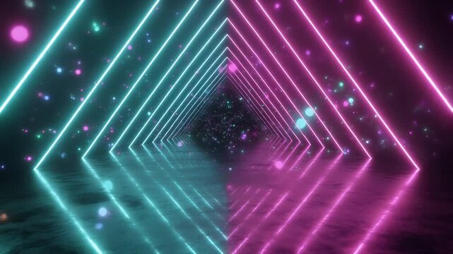 Dynamic futuristic tunnel of glowing neon triangles in vivid pink and cyan, with shimmering particles, symbolizing progress, technology, and immersive digital experiences for backgrounds