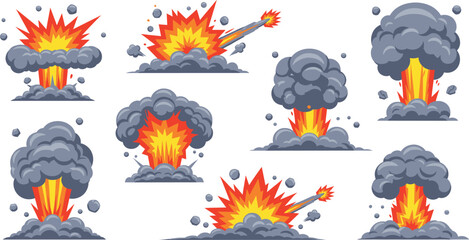 Cartoon explosion blast vector set with fire bursts, smoke clouds and debris effects for action design © REYAD